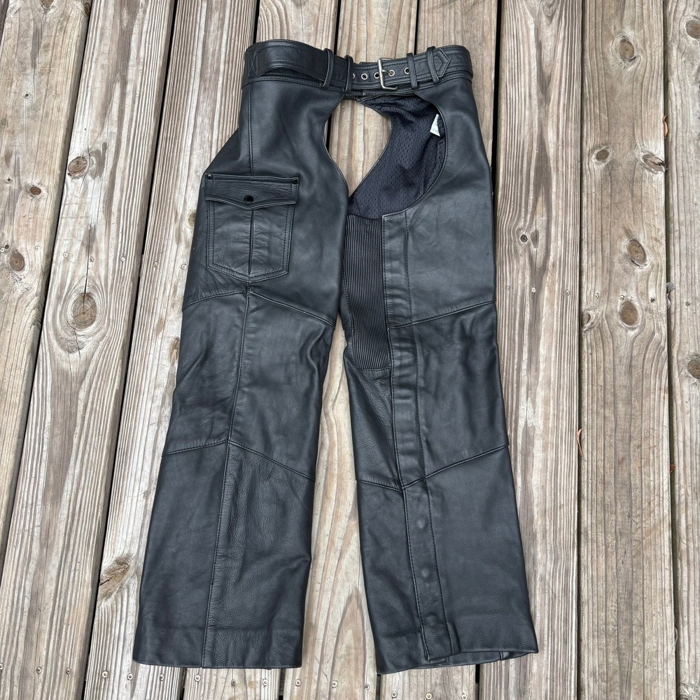 Vintage Harley Davidson Black Leather Motorcycle Chaps Cargo Pocket Buckle Med